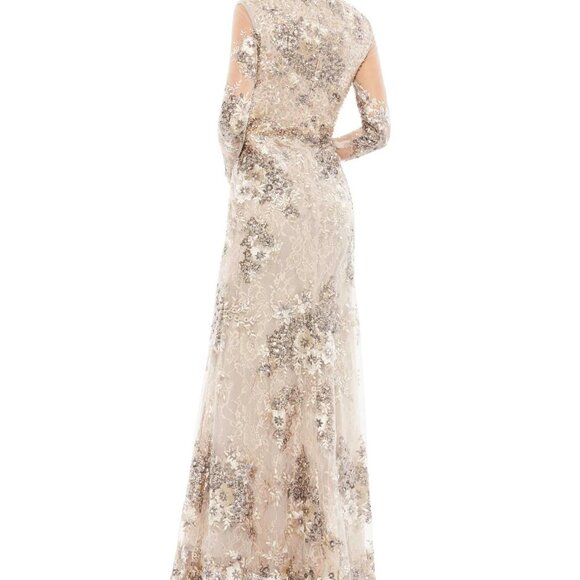 MAC DUGGAL 67539 Taupe Embellished V-Neck Illusion Long Sleeve Gown 6 NWT $698 - Picture 2 of 8